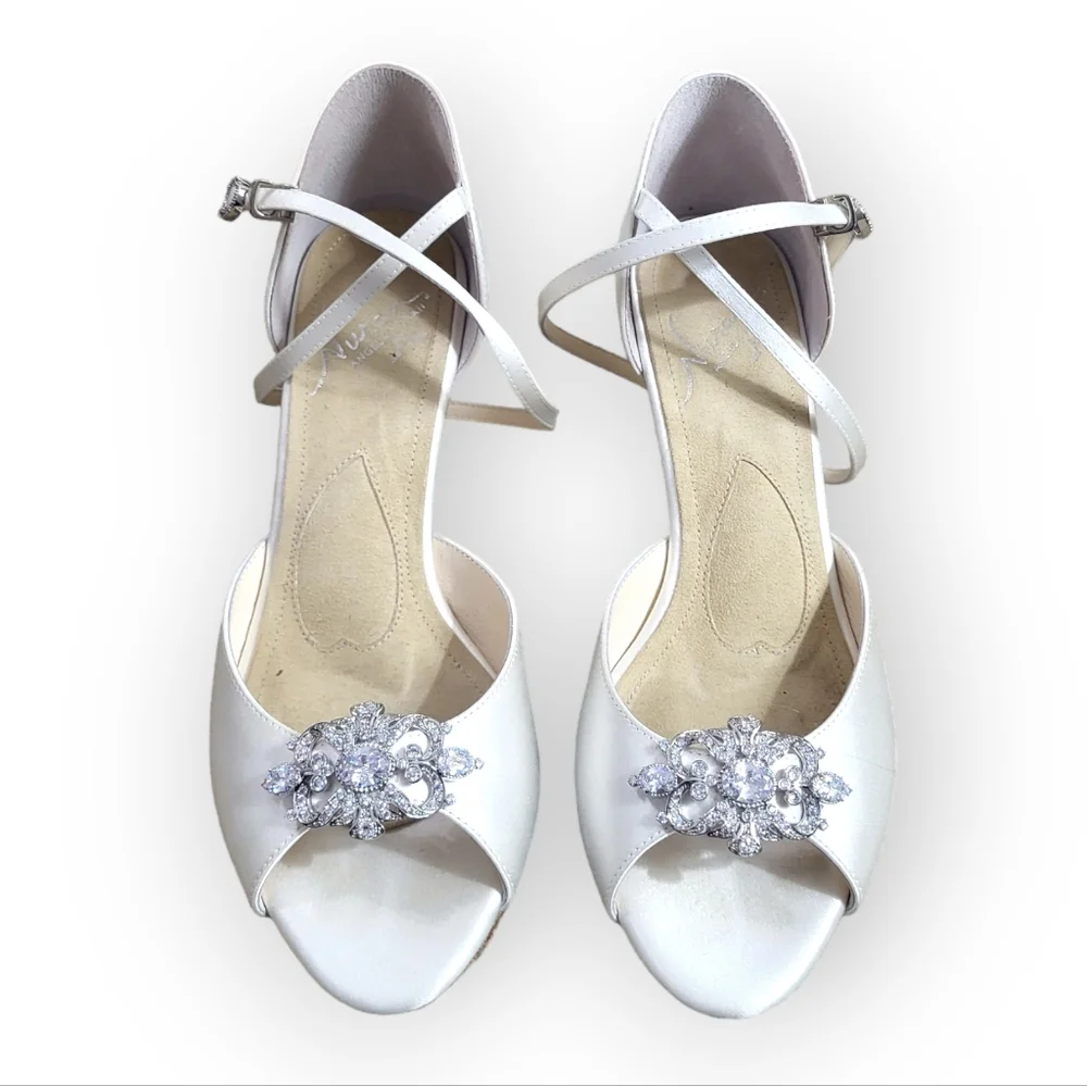 Angela Nuran Marlene Style Silk Ankle Strap Wedge Wedding Shoes with Rhinestones